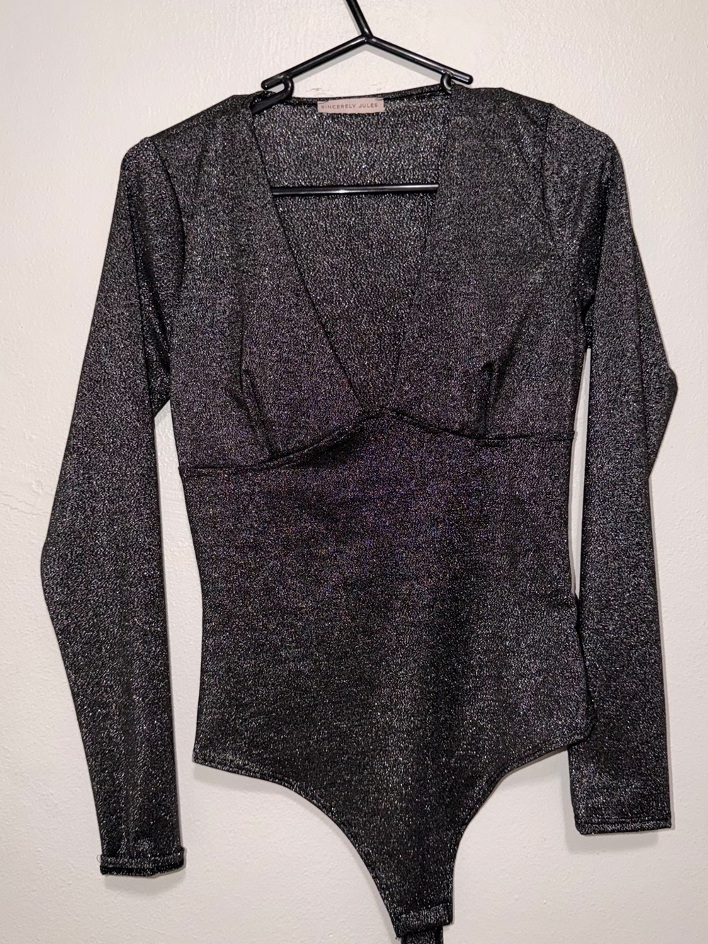 Sincerely Jules Black Shimmer Long-Sleeve V-Neck Bodysuit